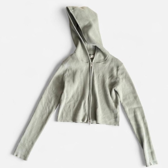 Brandy Melville Sage Green Ribbed Knit Double Zip Hoodie Cardigan John Galt EUC - Picture 1 of 4